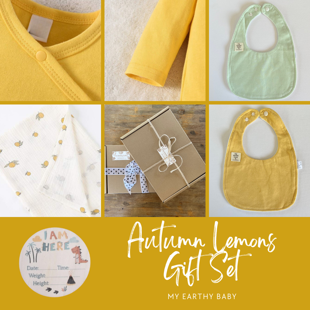 AUTUMN LEMONS BABY GIFT SET (onesie, blanket, two bibs, hello world)