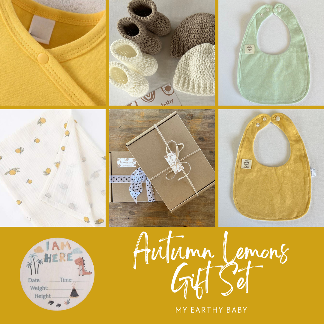 AUTUMN LEMONS BABY GIFT SET (onesie, blanket, two bibs, hello world)