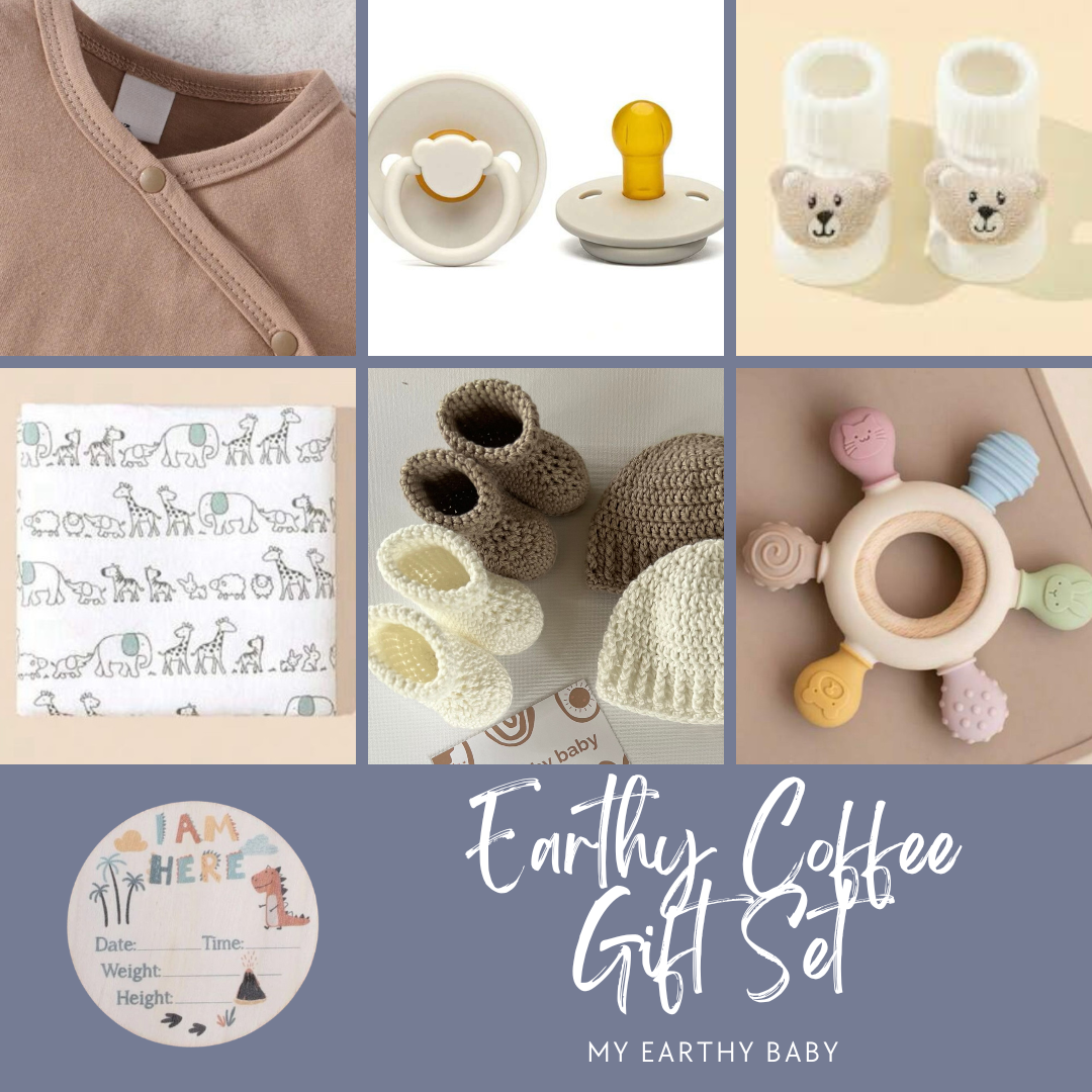 EARTHY COFFEE BABY GIFT SET (Baby Grow, Cotton Blanket, Socks, Teether, Pacifier)