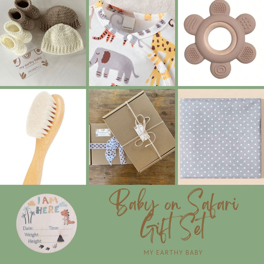 BABY ON SAFARI GIFT SET (onesie, blanket, teether, brush, hello world)