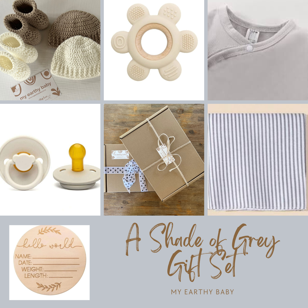 A SHADE OF GREY GIFT SET (2 onesies, blanket, teether, pacifier, hello world)