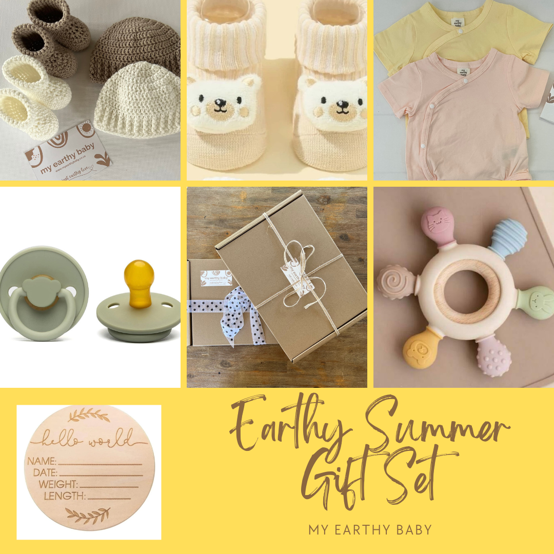 EARTHY SUMMER GIFT SET (two summer onesies, socks, teether, pacifier, hello world)