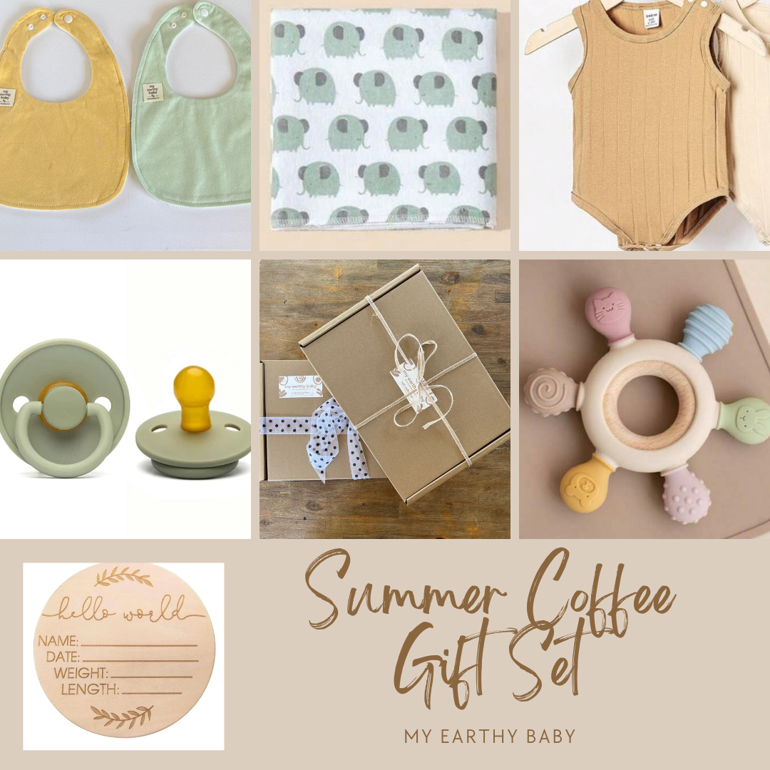 SUMMER COFFEE GIFT SET (onesie vest, blanket, teether, brush, pacifier, hello world)