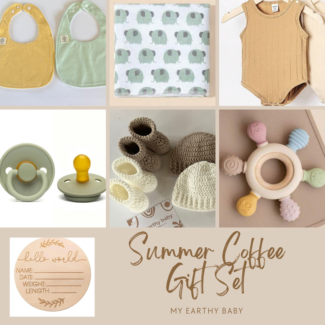 SUMMER COFFEE GIFT SET (onesie vest, blanket, teether, brush, pacifier, hello world)