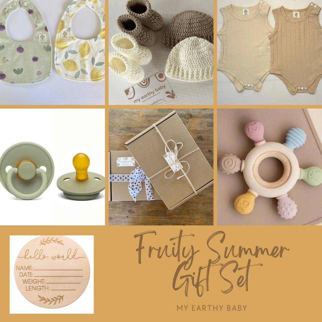 FRUITY SUMMER GIFT SET (two onesie vests, 2 bibs, teether, pacifier, hello world)