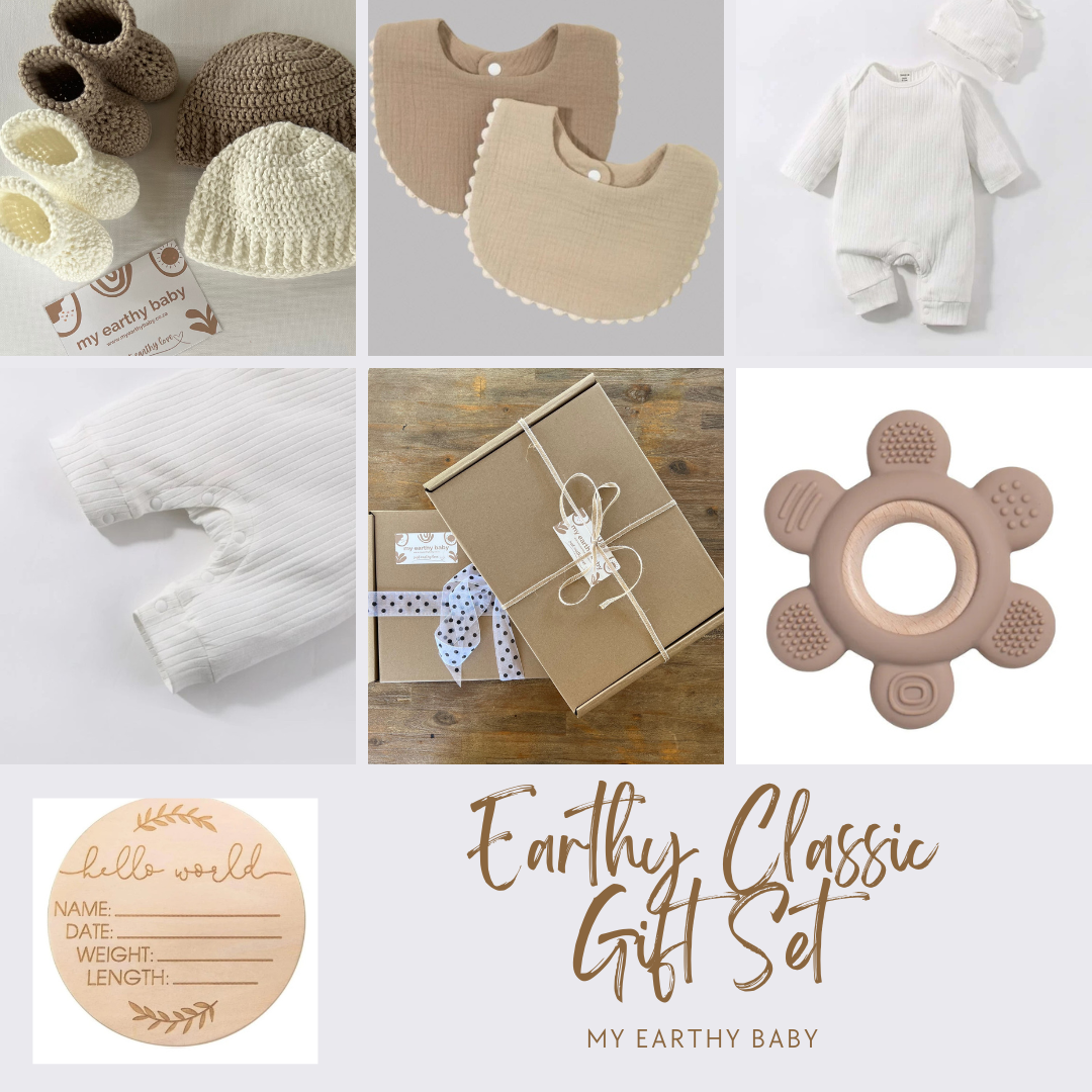 EARTHY CLASSIC GIFT SET (onesie and hat, 2 bibs, teether, hello world)