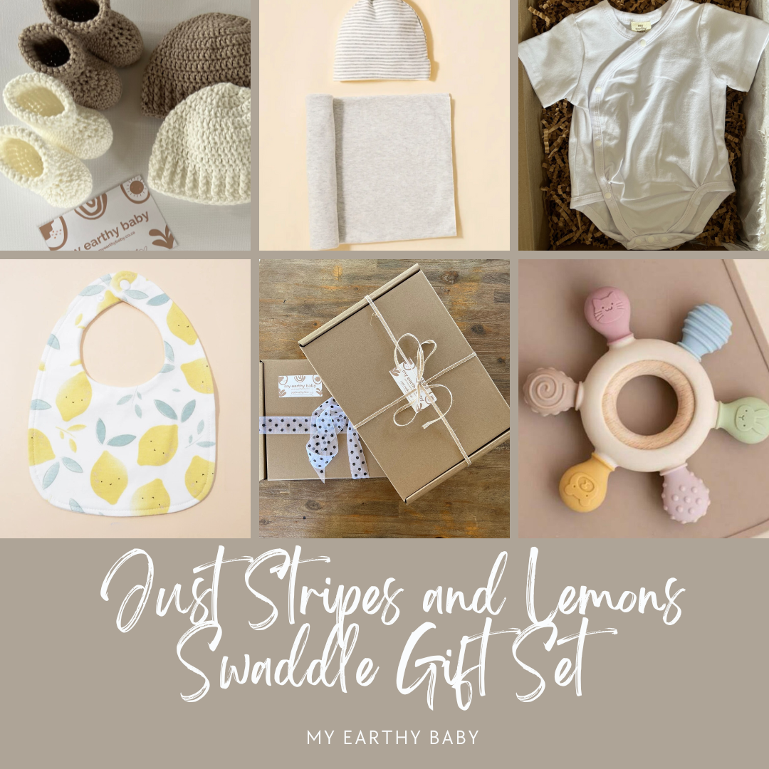 JUST STRIPES and LEMONS (swaddle and hat, summer onesie, bib, teether)