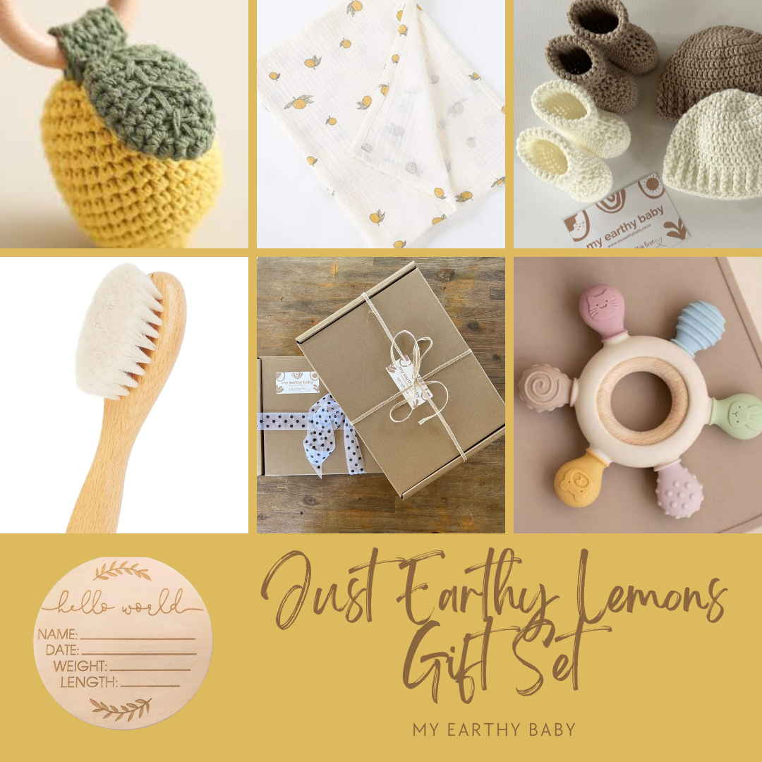 JUST EARTHY LEMONS (cotton swaddle, crochet rattle, brush, teether)