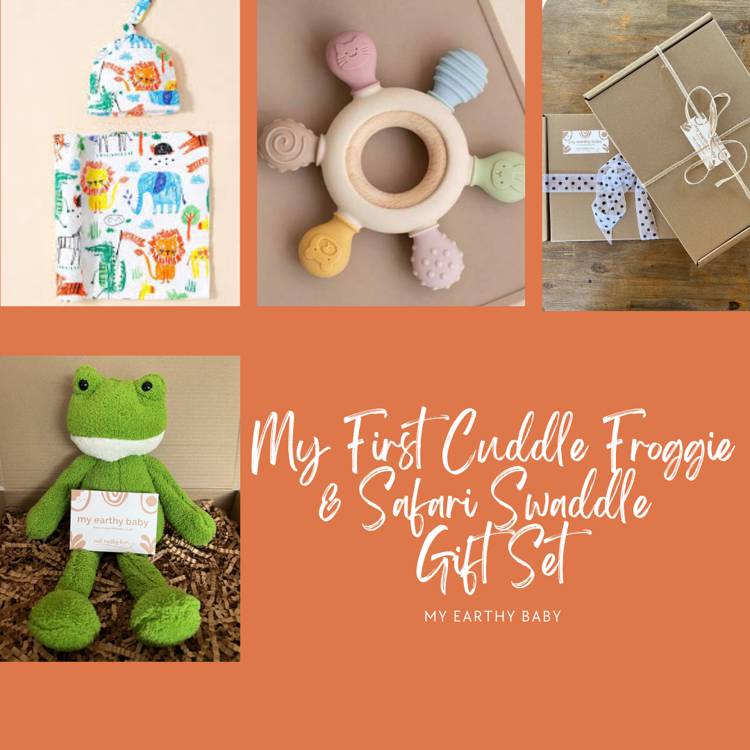 MY FIRST CUDDLE FROGGIE AND SAFARI SWADDLE GIFT SET (Swaddle and hat, plush froggie, teether)