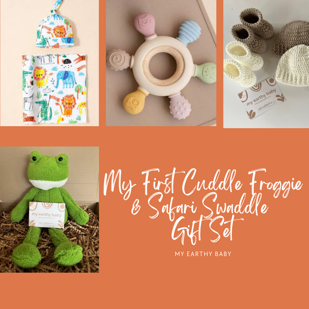 MY FIRST CUDDLE FROGGIE AND SAFARI SWADDLE GIFT SET (Swaddle and hat, plush froggie, teether)