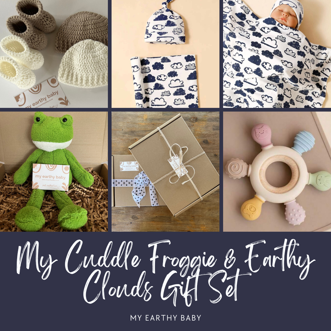 MY CUDDLE FROGGIE AND EARTHY CLOUDS GIFT SET (Swaddle and hat, plush froggie, teether)