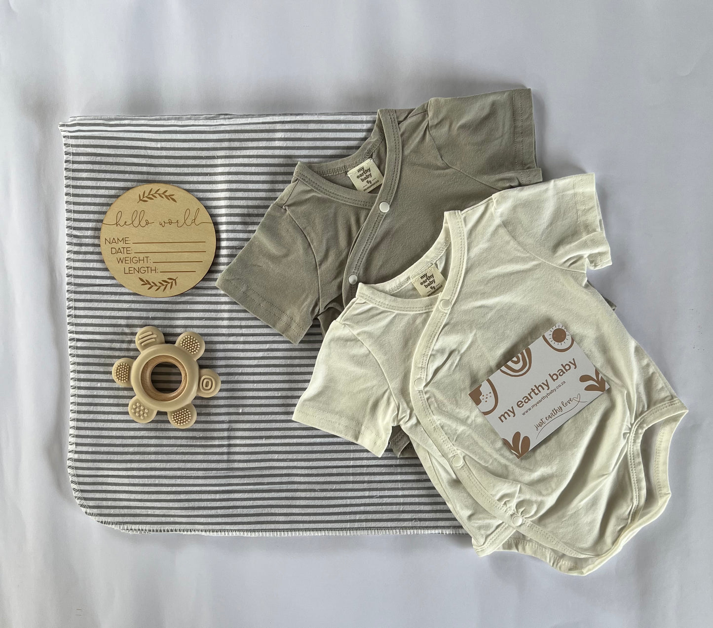 A SHADE OF GREY GIFT SET (2 onesies, blanket, teether, pacifier, hello world)