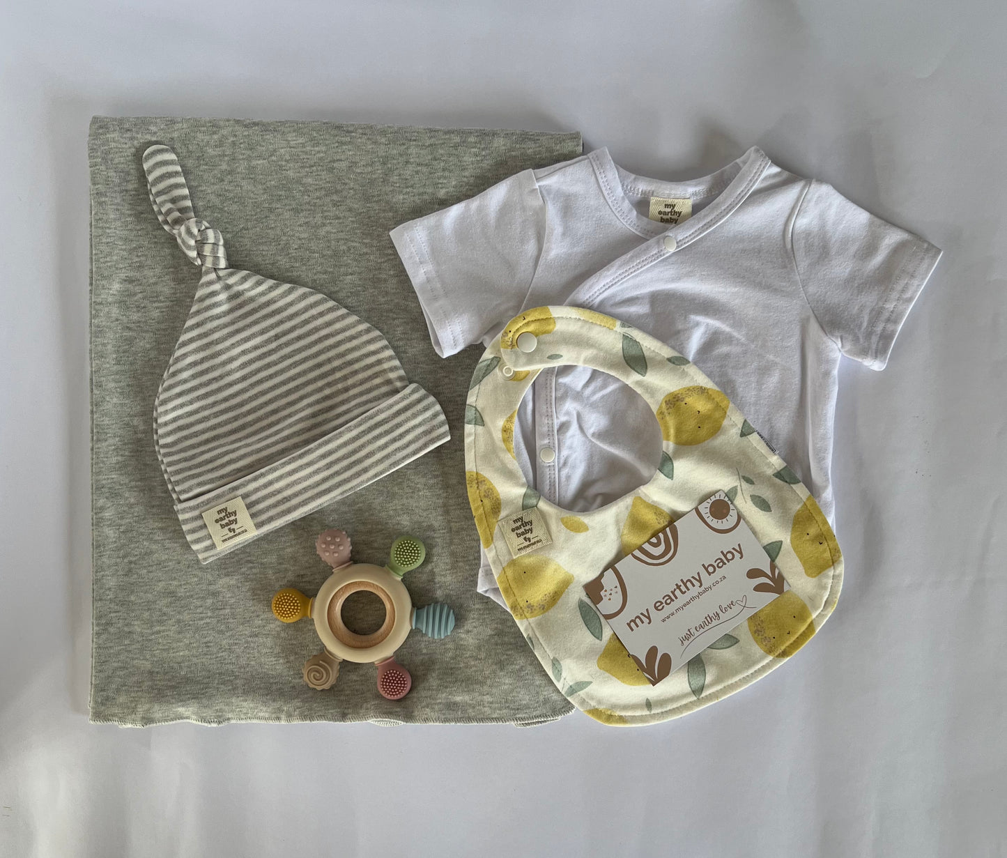 JUST STRIPES and LEMONS (swaddle and hat, summer onesie, bib, teether)