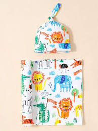 MY FIRST CUDDLE FROGGIE AND SAFARI SWADDLE GIFT SET (Swaddle and hat, plush froggie, teether)