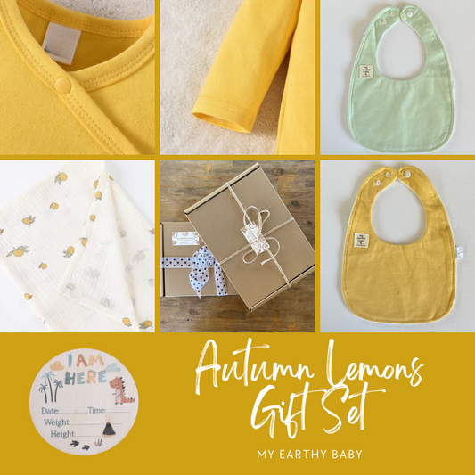AUTUMN LEMONS BABY GIFT SET (onesie, blanket, two bibs, hello world)