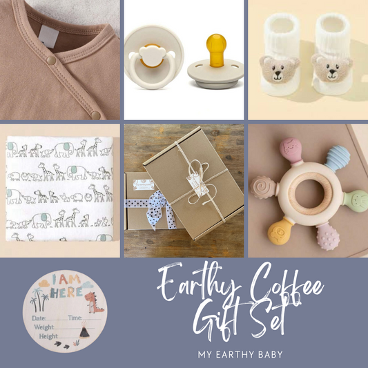 EARTHY COFFEE BABY GIFT SET (Baby Grow, Cotton Blanket, Socks, Teether, Pacifier)