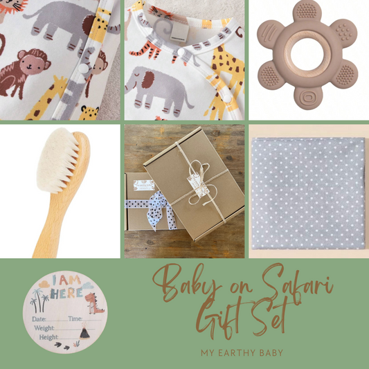 BABY ON SAFARI GIFT SET (onesie, blanket, teether, brush, hello world)