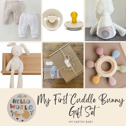 MY FIRST CUDDLE BUNNY AND EARTHY LEGGINGS GIFT SET (two leggings, cuddle bunny, teether, pacifier, hello world)