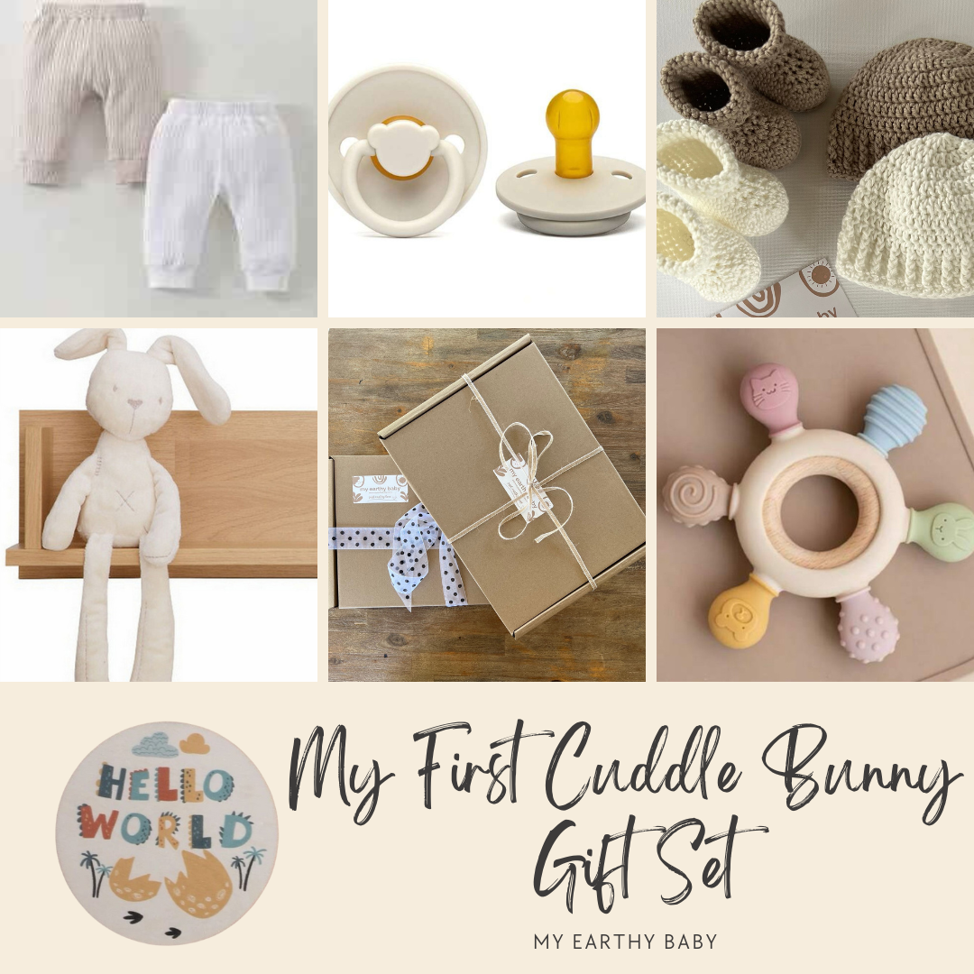 MY FIRST CUDDLE BUNNY AND EARTHY LEGGINGS GIFT SET (two leggings, cuddle bunny, teether, pacifier, hello world)