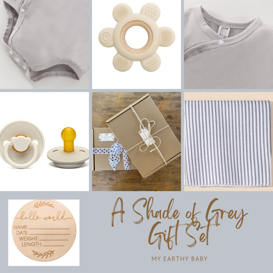 A SHADE OF GREY GIFT SET (2 onesies, blanket, teether, pacifier, hello world)