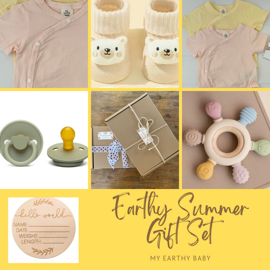 EARTHY SUMMER GIFT SET (two summer onesies, socks, teether, pacifier, hello world)