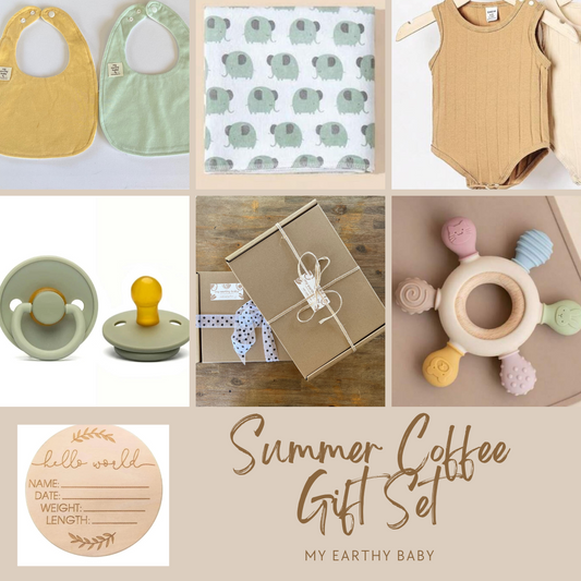 SUMMER COFFEE GIFT SET (onesie vest, blanket, teether, brush, pacifier, hello world)