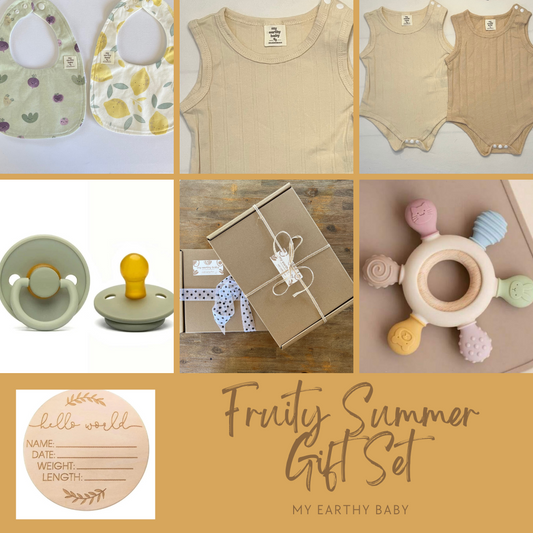 FRUITY SUMMER GIFT SET (two onesie vests, 2 bibs, teether, pacifier, hello world)