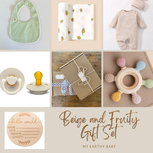 BEIGE AND FRUITY GIFT SET (onesie and hat, blanket, bib, teether, pacifier, hello world)