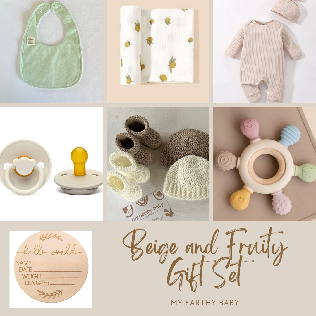 BEIGE AND FRUITY GIFT SET (onesie and hat, blanket, bib, teether, pacifier, hello world)