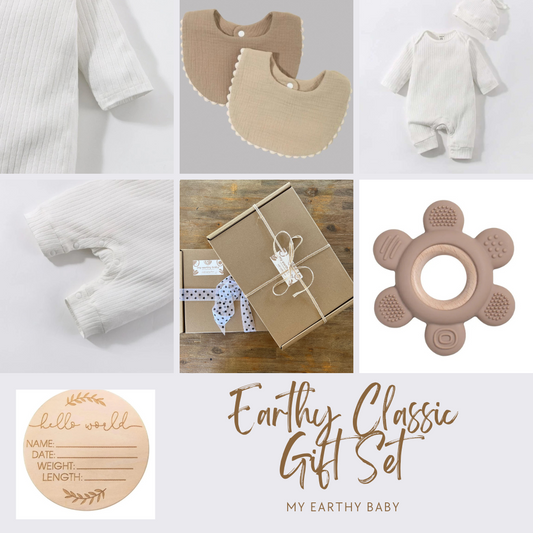 EARTHY CLASSIC GIFT SET (onesie and hat, 2 bibs, teether, hello world)