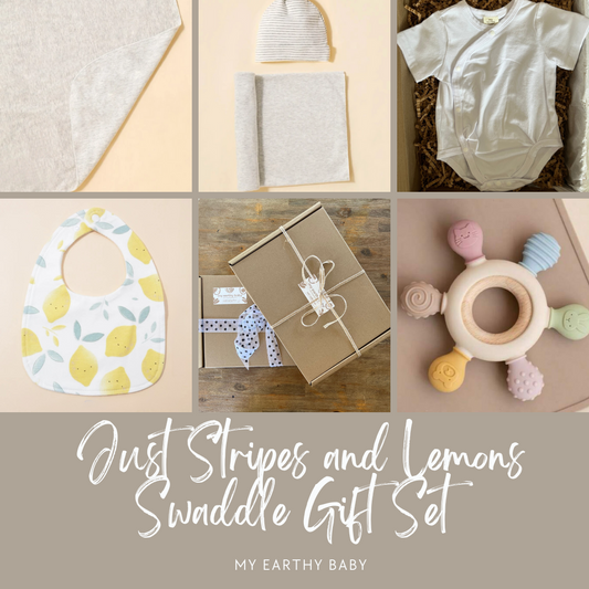 JUST STRIPES and LEMONS (swaddle and hat, summer onesie, bib, teether)