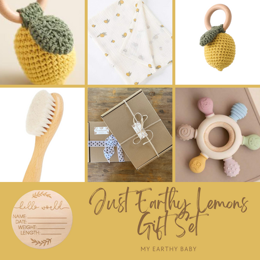 JUST EARTHY LEMONS (cotton swaddle, crochet rattle, brush, teether)