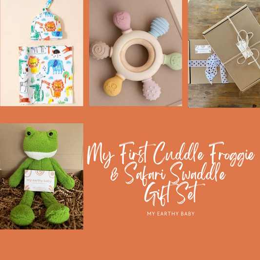 MY FIRST CUDDLE FROGGIE AND SAFARI SWADDLE GIFT SET (Swaddle and hat, plush froggie, teether)