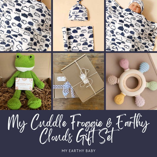 MY CUDDLE FROGGIE AND EARTHY CLOUDS GIFT SET (Swaddle and hat, plush froggie, teether)