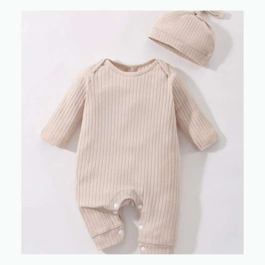 Earthy Beige Cotton Onesie and Beanie